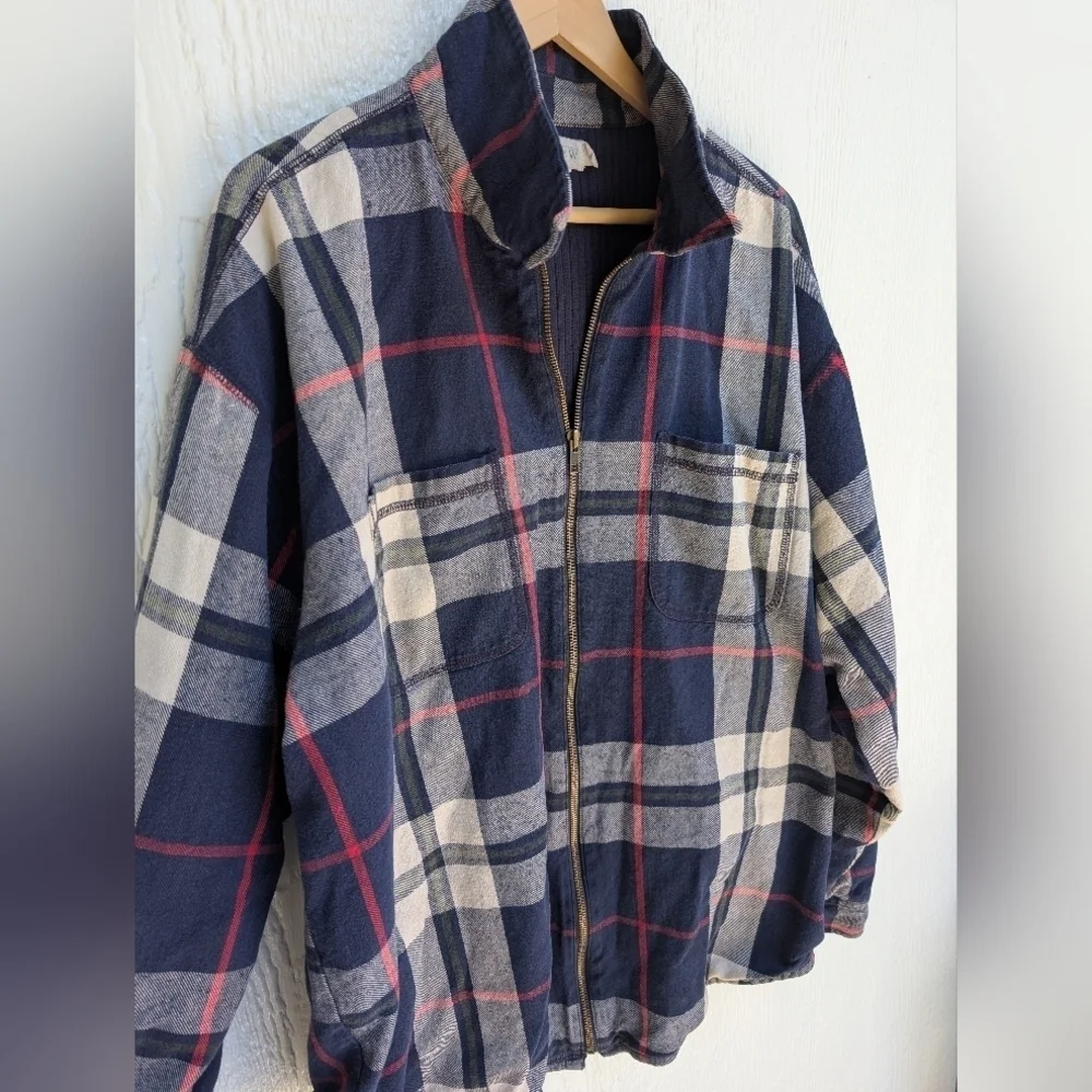J Crew Blue Flannel Plaid Zip Front Chore Jacket Men's Size XL